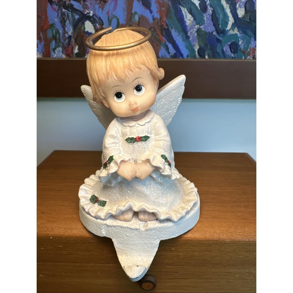Vintage Holly Babes Angel‎ Halo Christmas Stocking Hanger Holiday Cast Iron Base